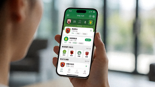 智能手机上显示的移动体育应用界面，展示实时比赛比分、推送通知和个性化球队仪表板，专为移动体育粉丝设计